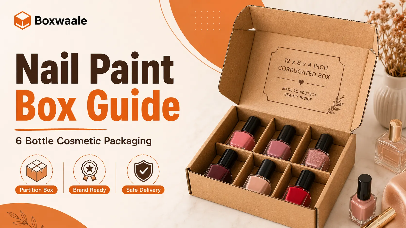 12x8x4 Inch Brown Corrugated 6 Bottle Nail Paint Packaging Box by Boxwaale