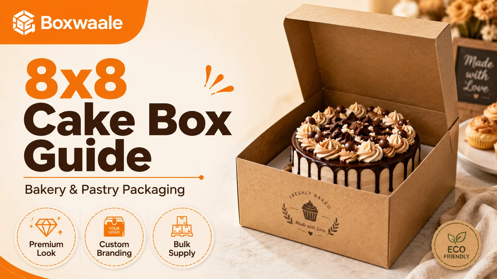 8x8 Inch Brown Kraft Cake Box for Bakery & Pastry Packaging by Boxwaale