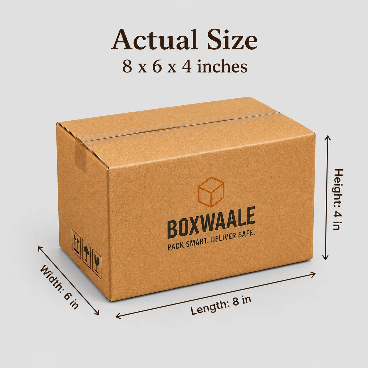 8x6x4 inch brown corrugated courier box with actual size dimensions by Boxwaale.in