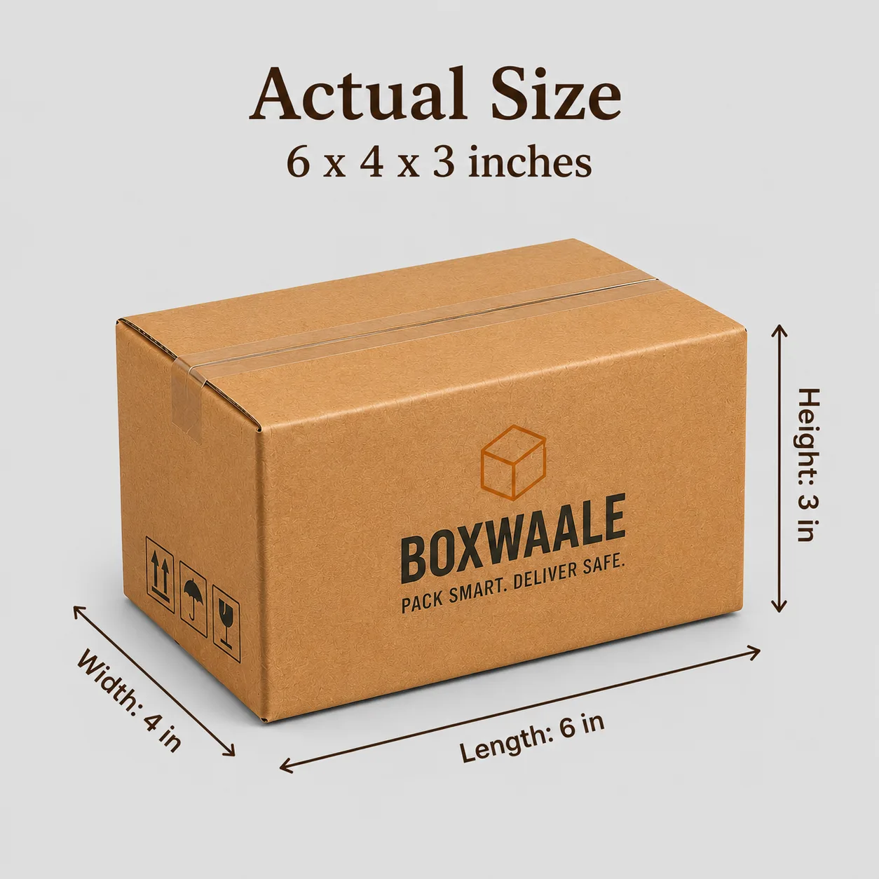 6x4x3 inch brown corrugated small courier box with actual size dimensions by Boxwaale.in