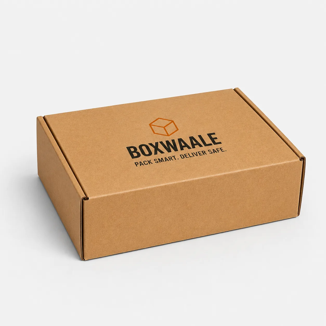 Front angle view of brown corrugated mailer box for e-commerce packaging