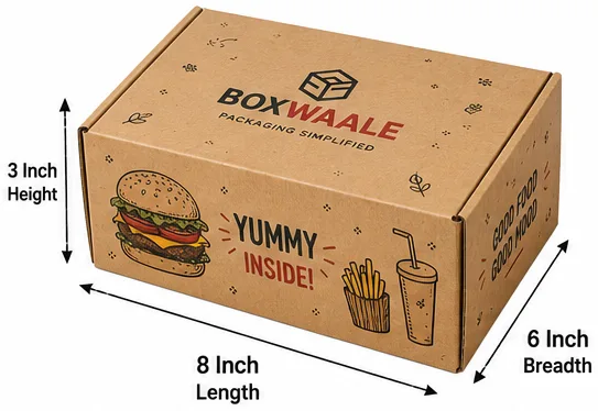 8x6x3 inch brown kraft burger meal combo box with actual size dimensions by Boxwaale.in