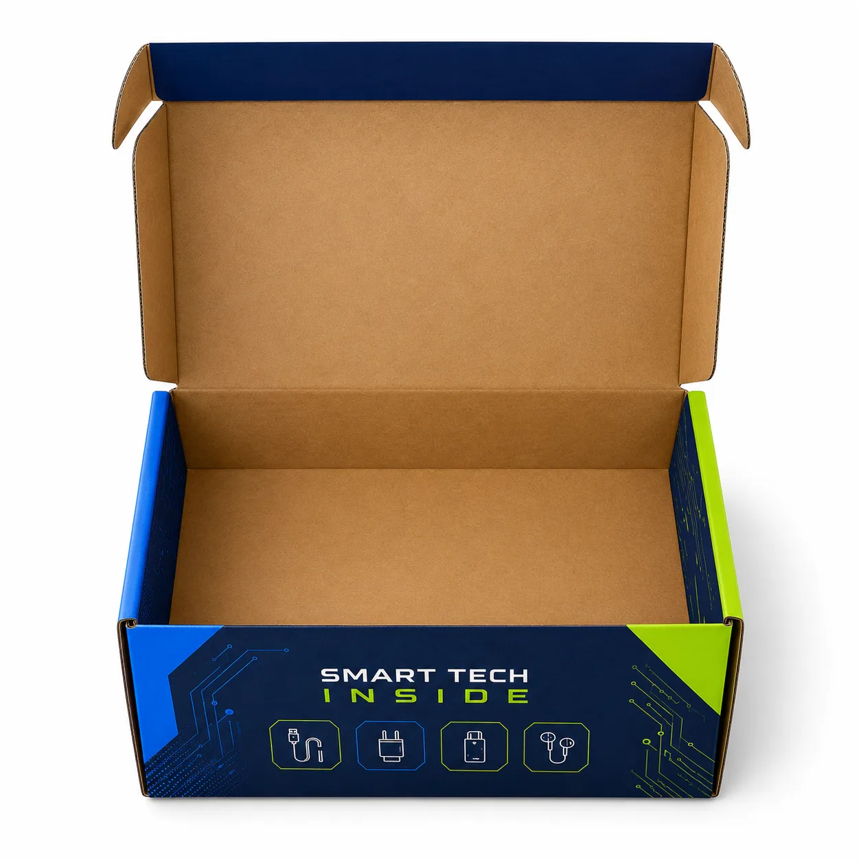 Open Interior of 7x5x3 inch printed electronics accessory box by Boxwaale