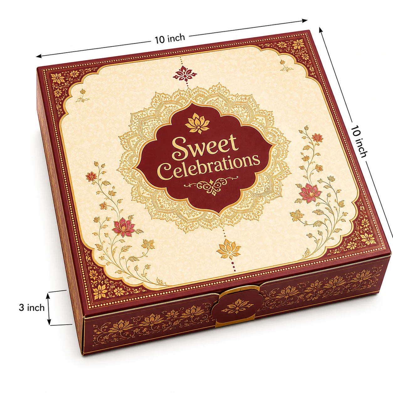 10x10x3 inch premium printed mithai box with 10x10x3 inch dimensions by Boxwaale