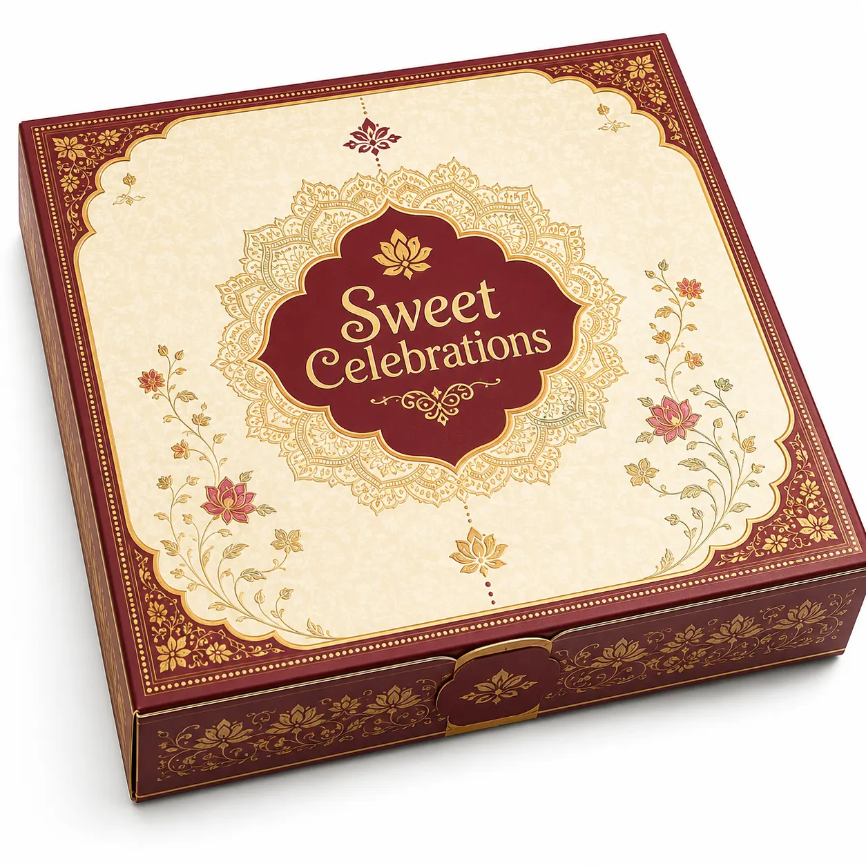 Front Angle of 10x10x3 inch premium printed mithai box by Boxwaale