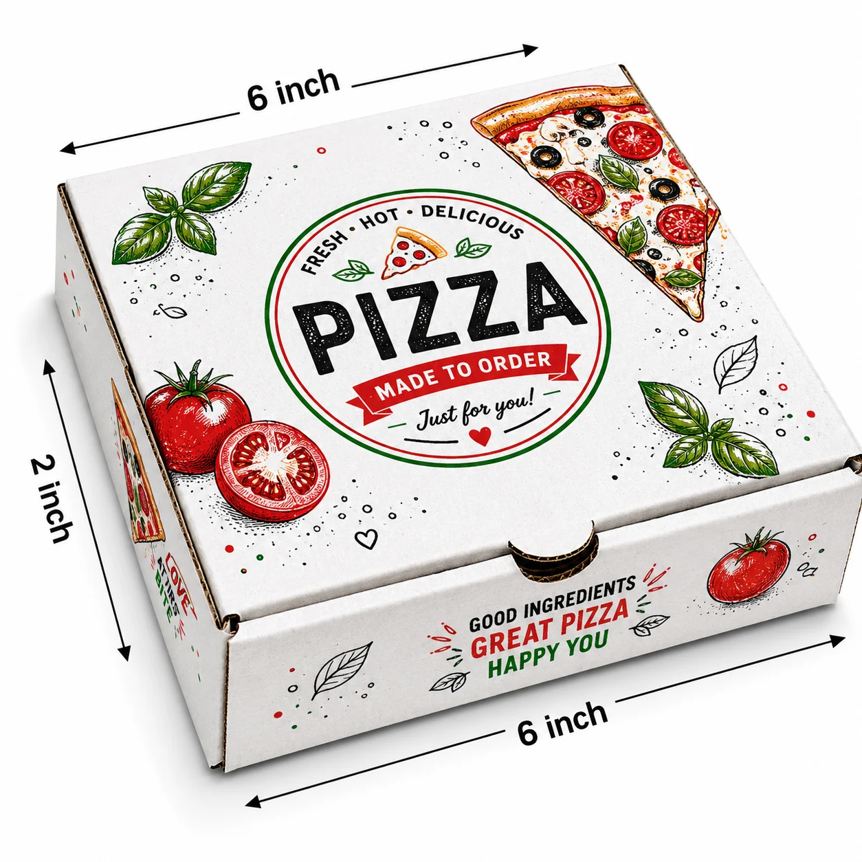 6 inch white printed pizza box with 6x6x1.5 inch dimensions by Boxwaale