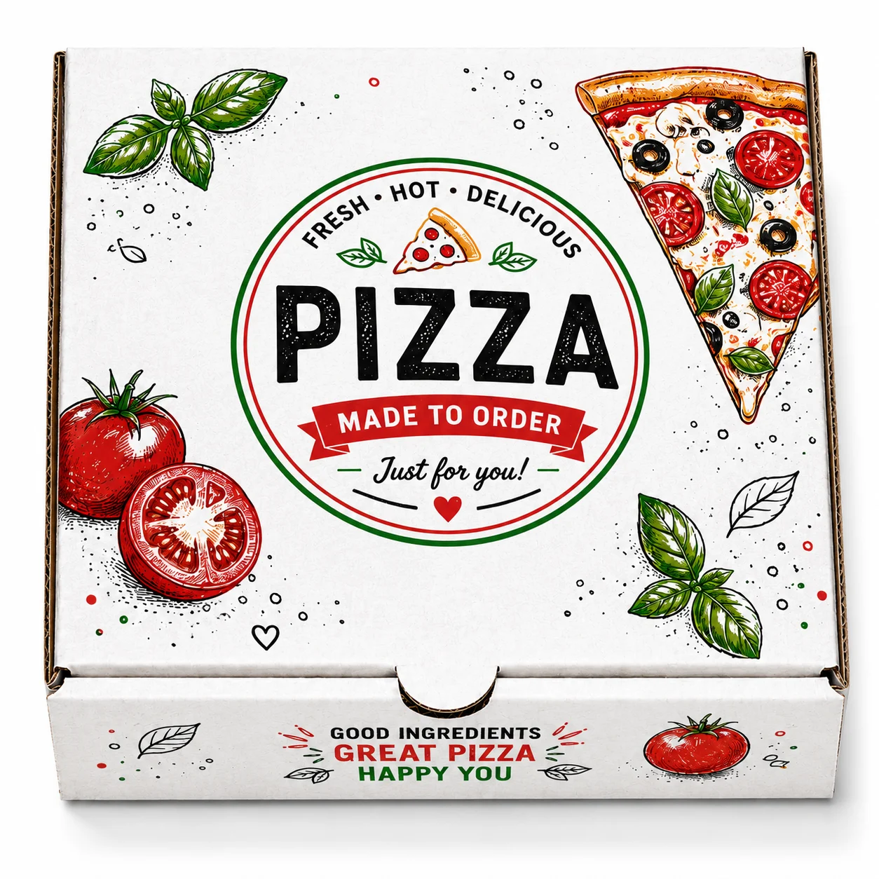 Front Angle of 6 inch white printed pizza box by Boxwaale