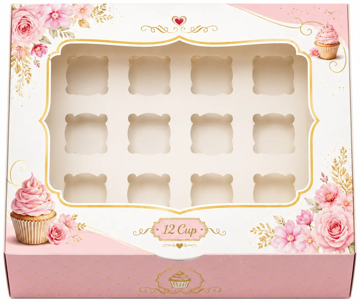 Front Angle of 12 cup printed cupcake box with window by Boxwaale