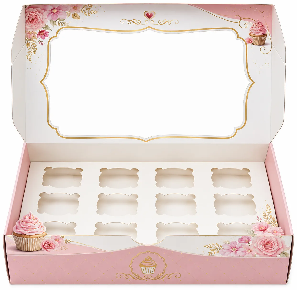 Top View of 12 cup printed cupcake box with window by Boxwaale