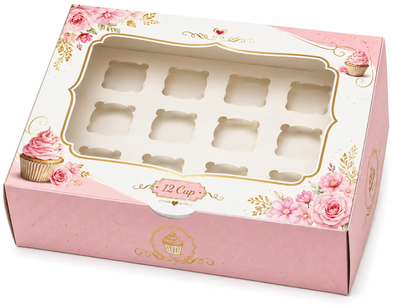 Side Profile of 12 cup printed cupcake box with window by Boxwaale