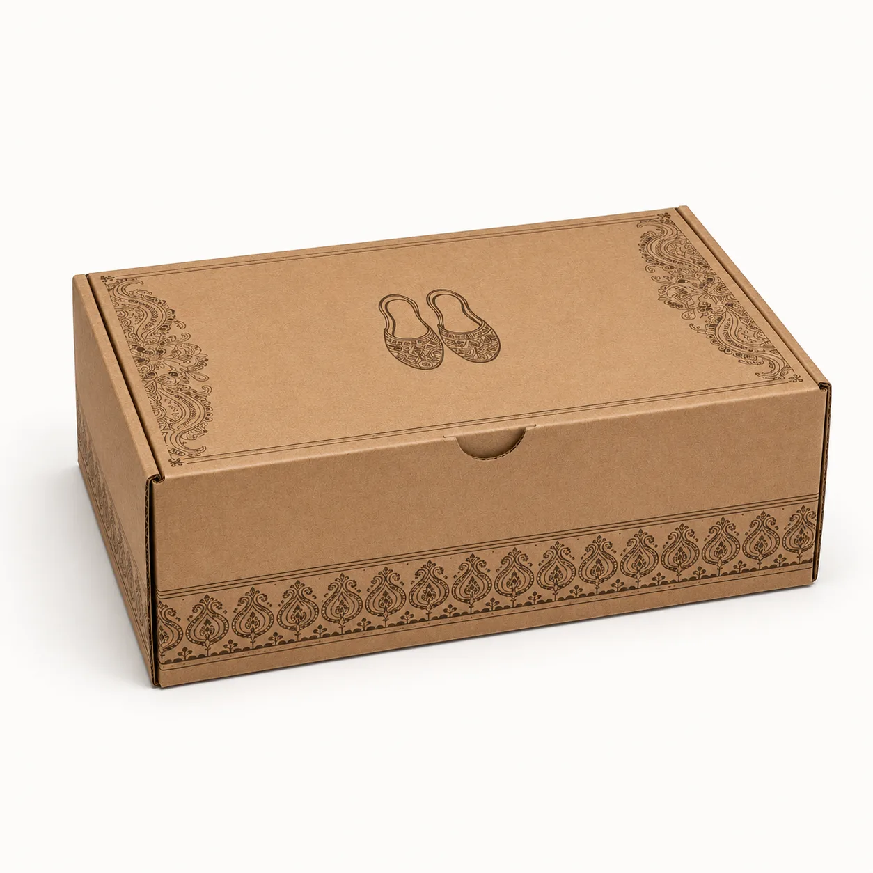 Ethnic Footwear Shipping Box front three-quarter view with custom multicolour brand printing