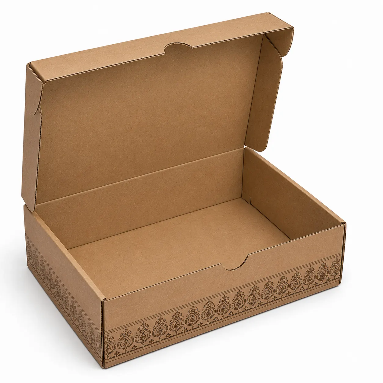 Ethnic Footwear Shipping Box open box interior view with custom multicolour brand printing