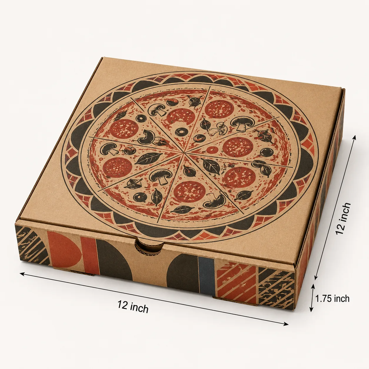 12 Inch Pizza Box hero view with custom multicolour brand printing