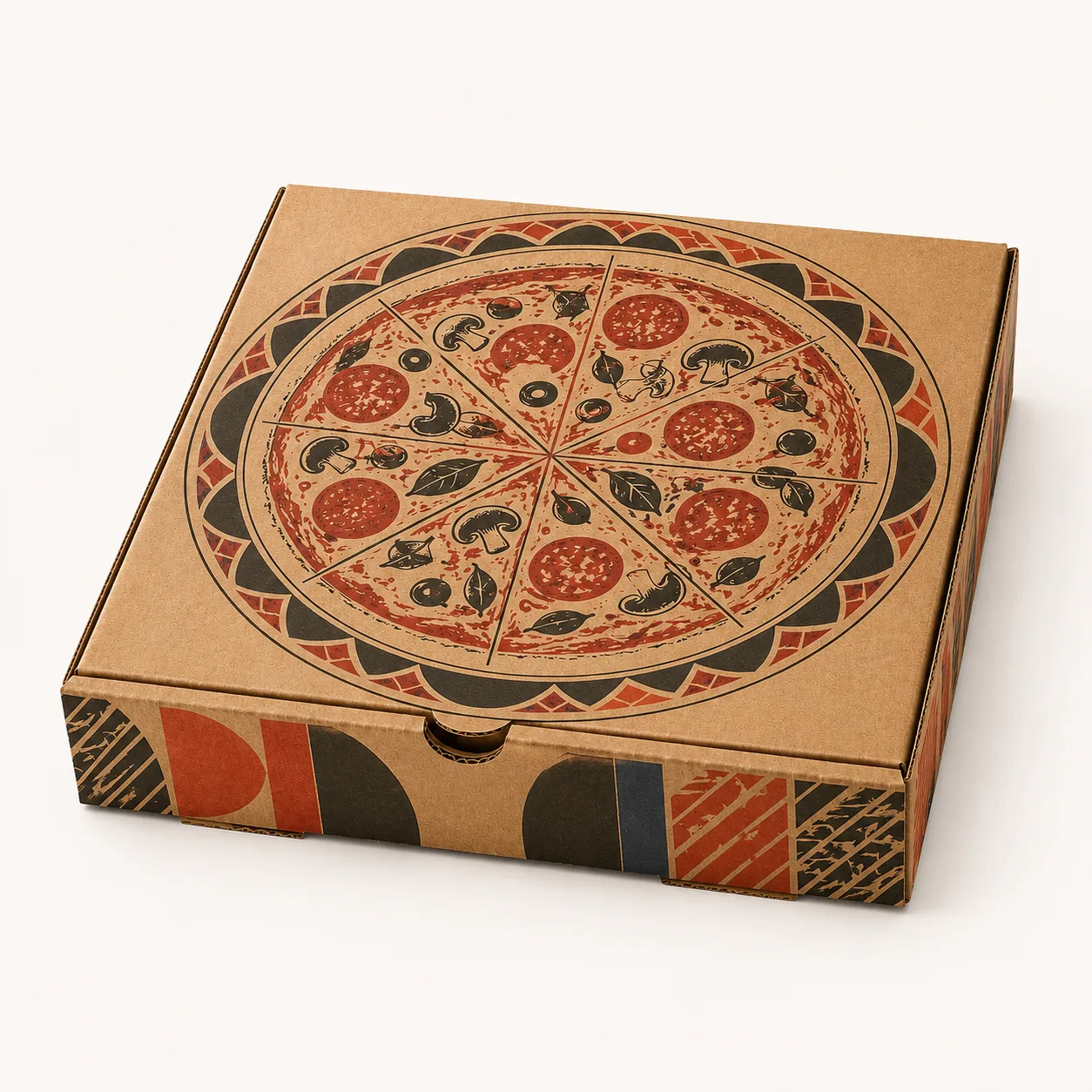 12 Inch Pizza Box front three-quarter view with custom multicolour brand printing
