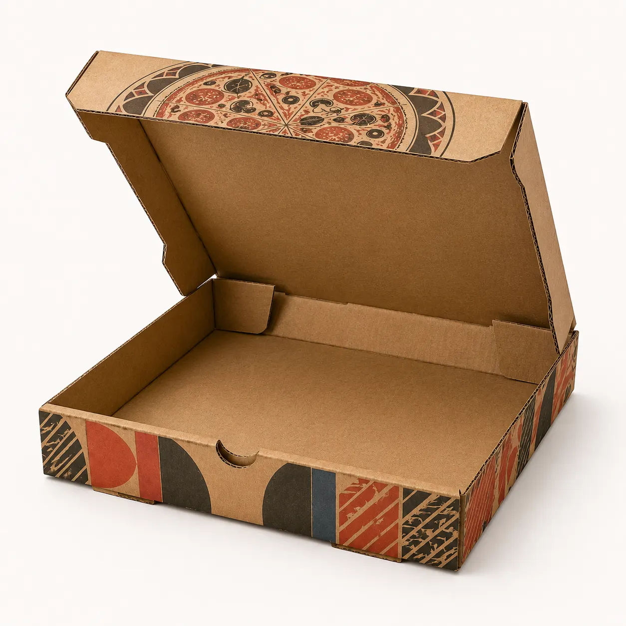 12 Inch Pizza Box open box interior view with custom multicolour brand printing