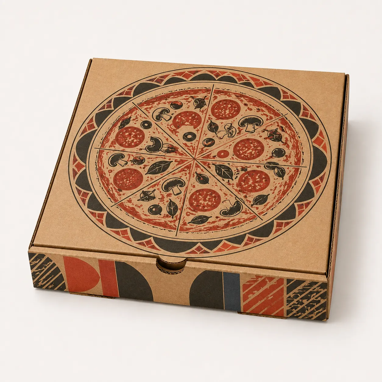 12 Inch Pizza Box side panel print view with custom multicolour brand printing