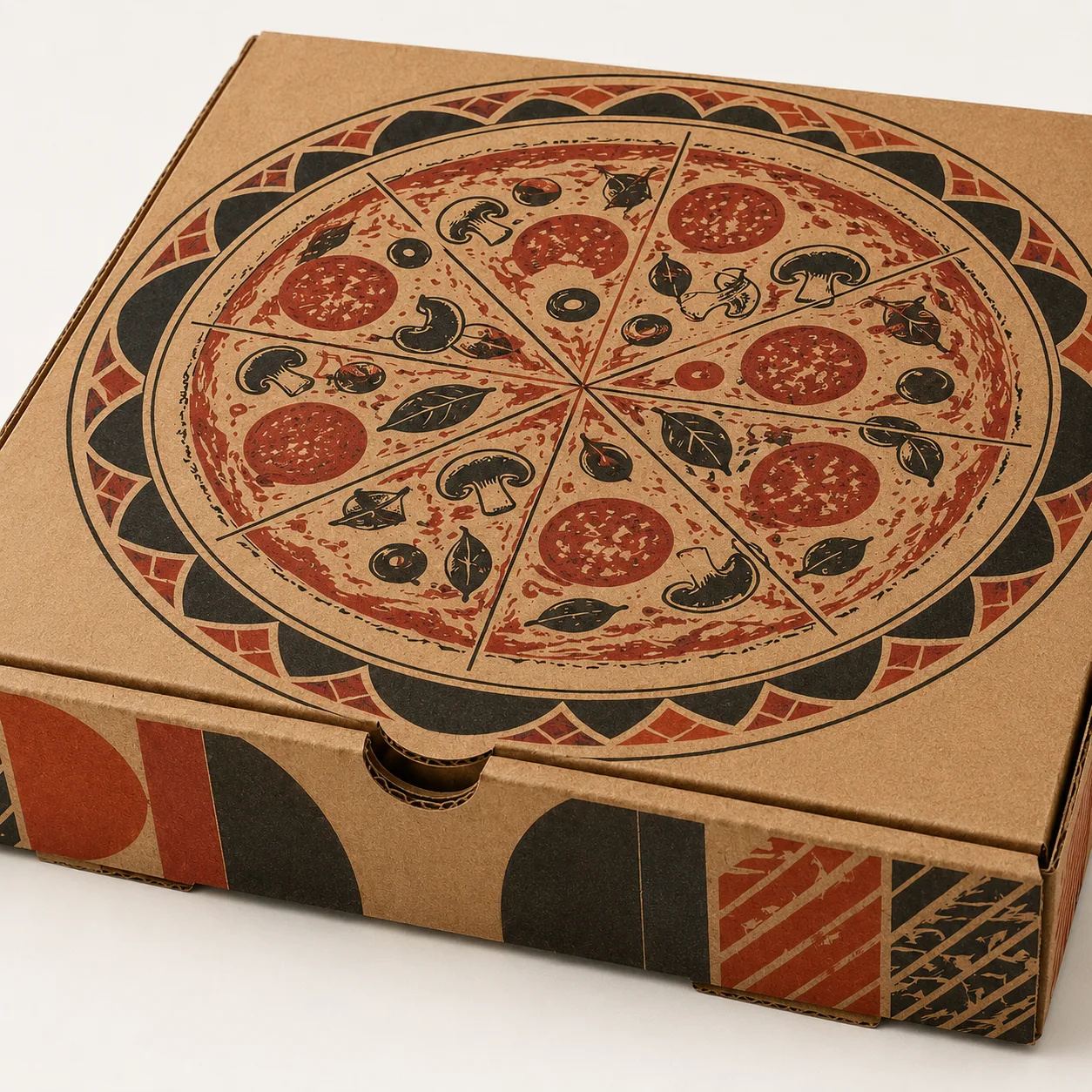 12 Inch Pizza Box packed application view with custom multicolour brand printing