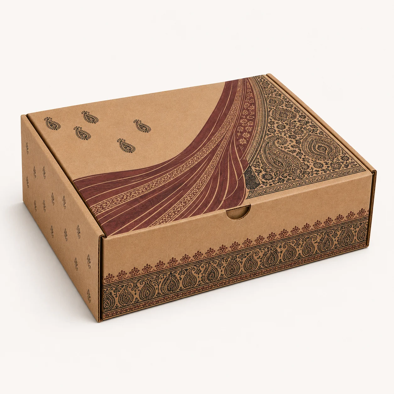 Ethnic Wear & Saree Shipping Box front three-quarter view with custom multicolour brand printing