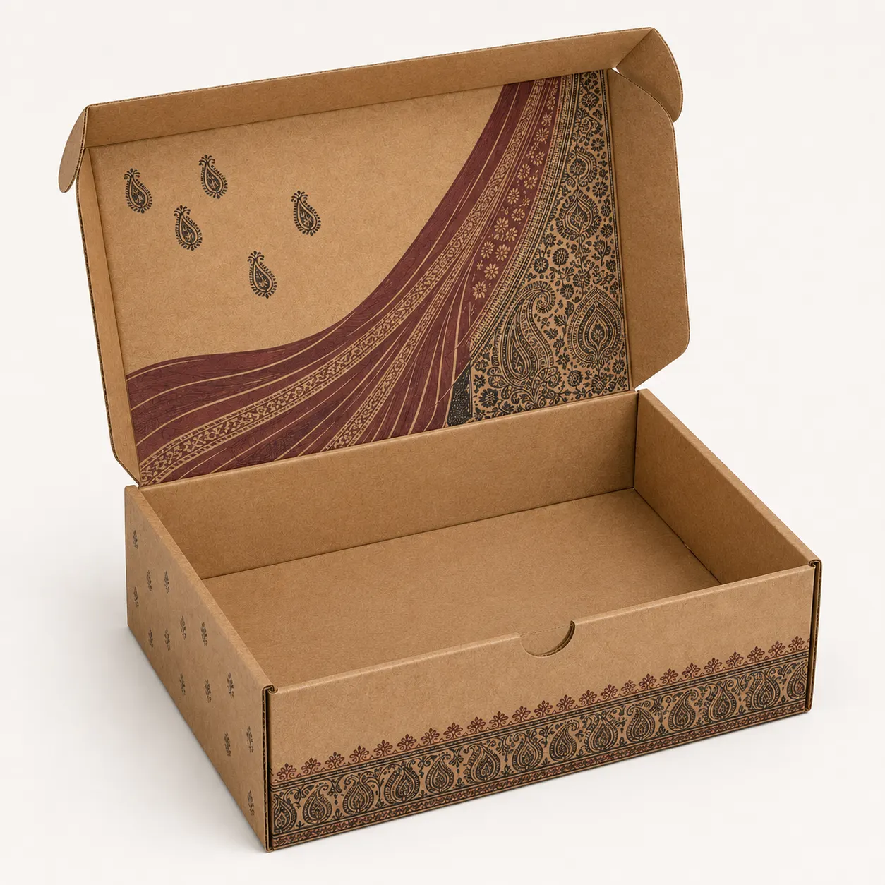 Ethnic Wear & Saree Shipping Box open box interior view with custom multicolour brand printing