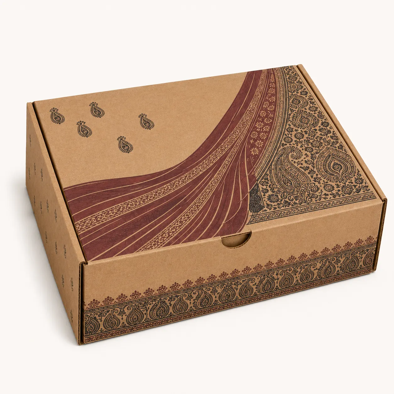Ethnic Wear & Saree Shipping Box side panel print view with custom multicolour brand printing