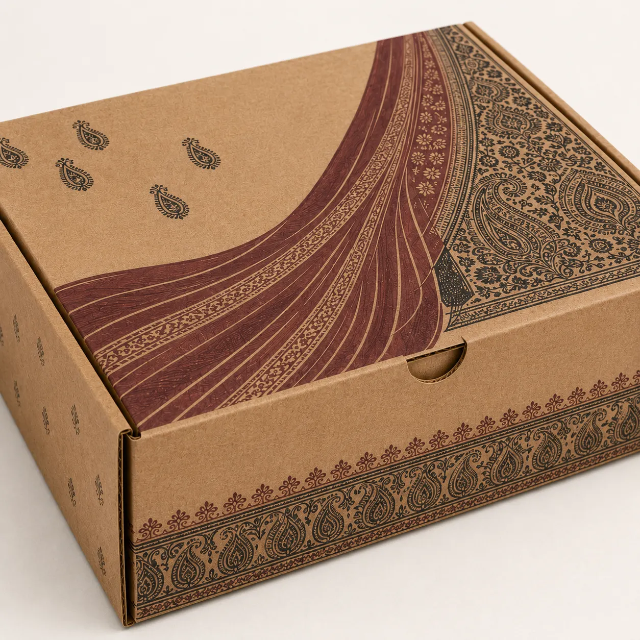 Ethnic Wear & Saree Shipping Box packed application view with custom multicolour brand printing