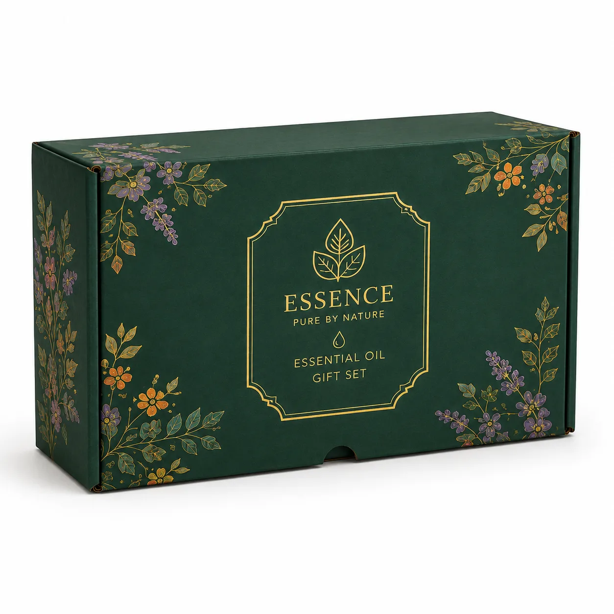 Essential Oil Gift Set Box front three-quarter view with custom multicolour brand printing