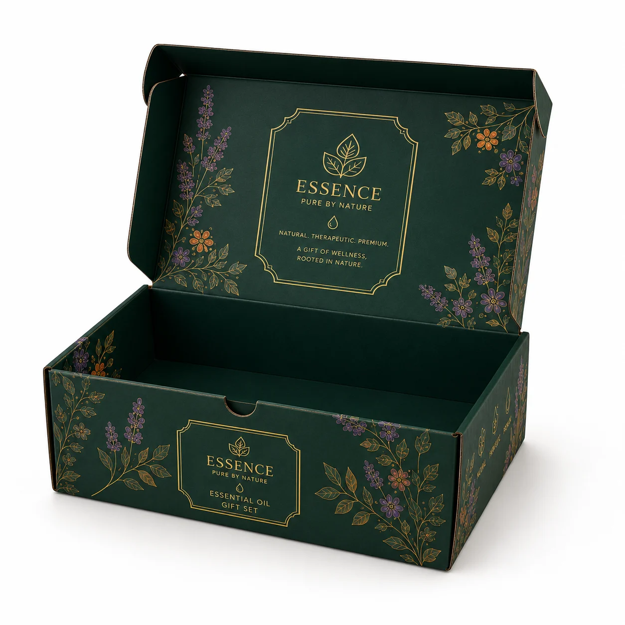 Essential Oil Gift Set Box open box interior view with custom multicolour brand printing