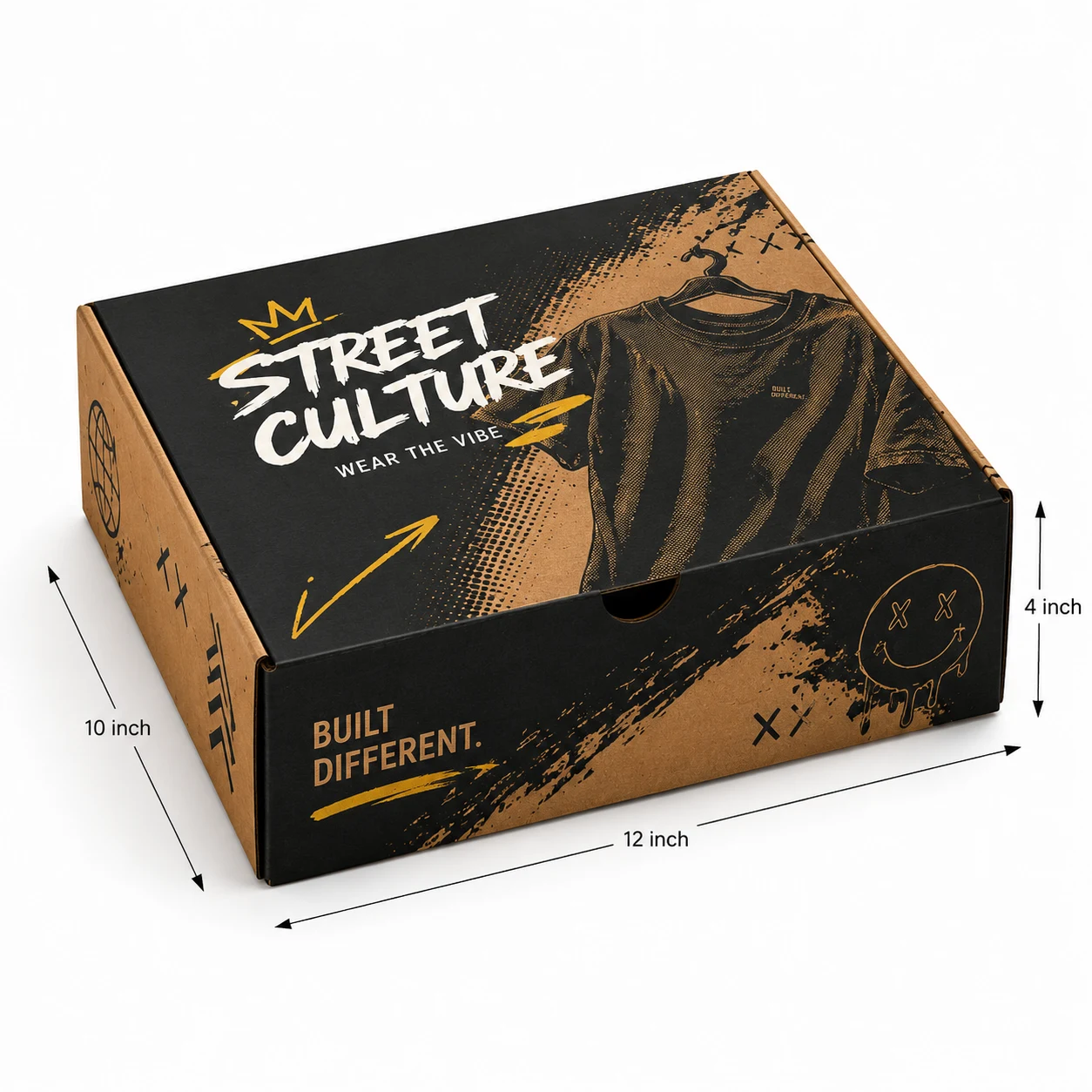 T-Shirt & Streetwear Shipping Box hero view with custom multicolour brand printing