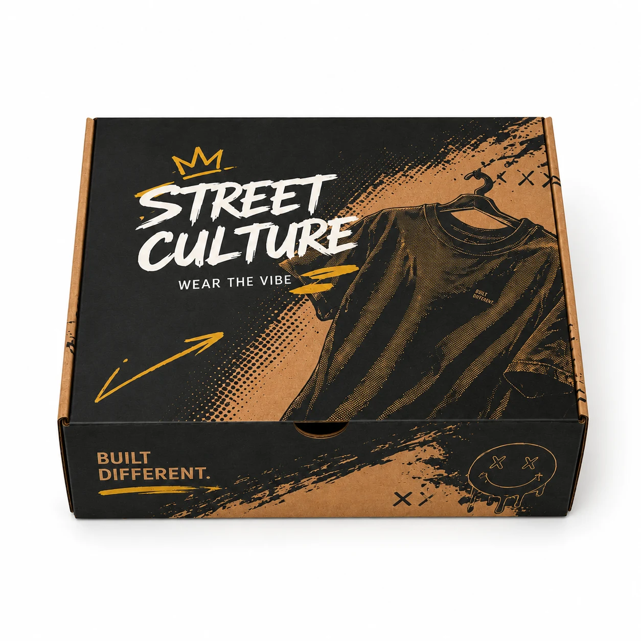 T-Shirt & Streetwear Shipping Box front three-quarter view with custom multicolour brand printing