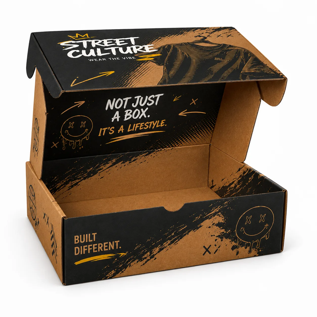 T-Shirt & Streetwear Shipping Box open box interior view with custom multicolour brand printing