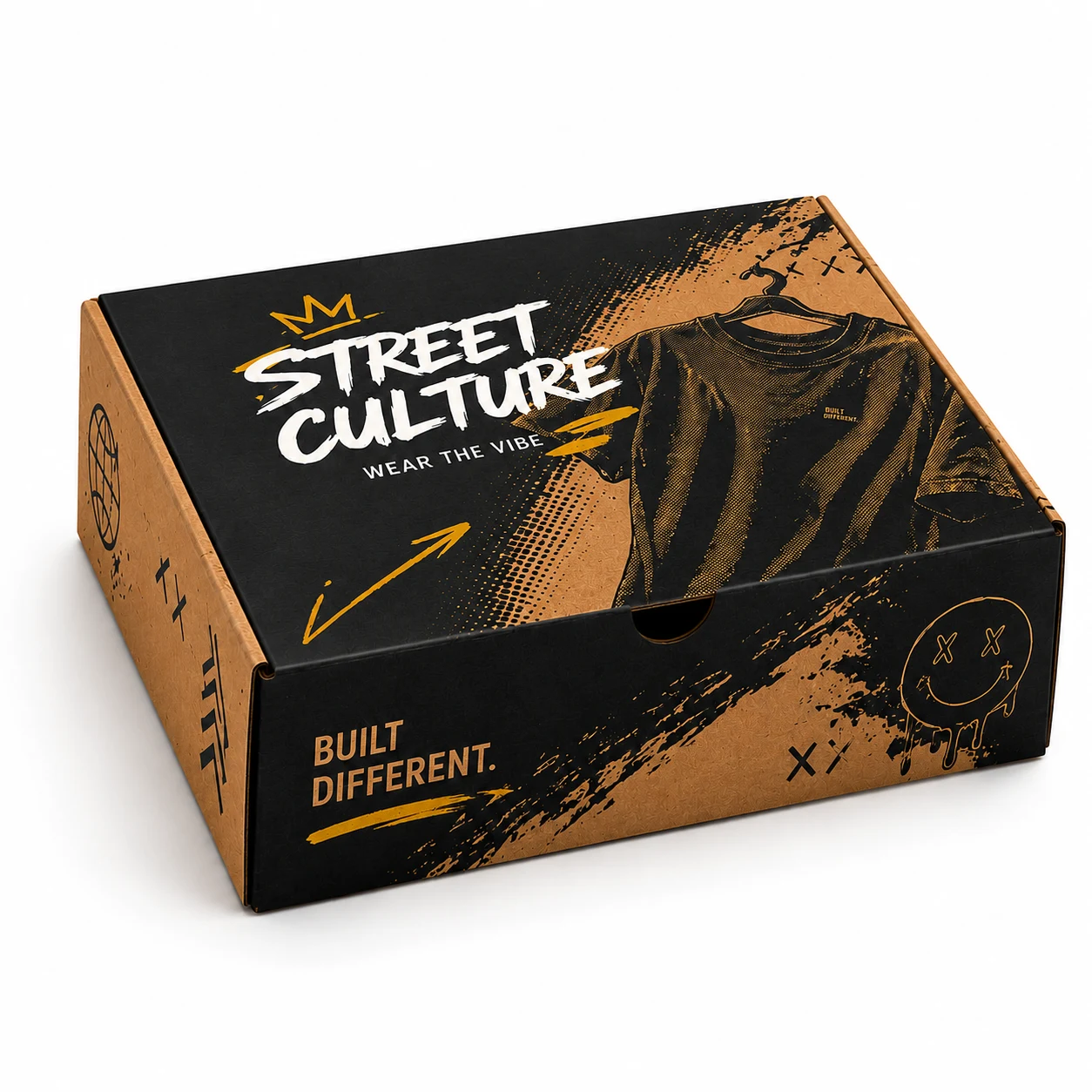 T-Shirt & Streetwear Shipping Box side panel print view with custom multicolour brand printing