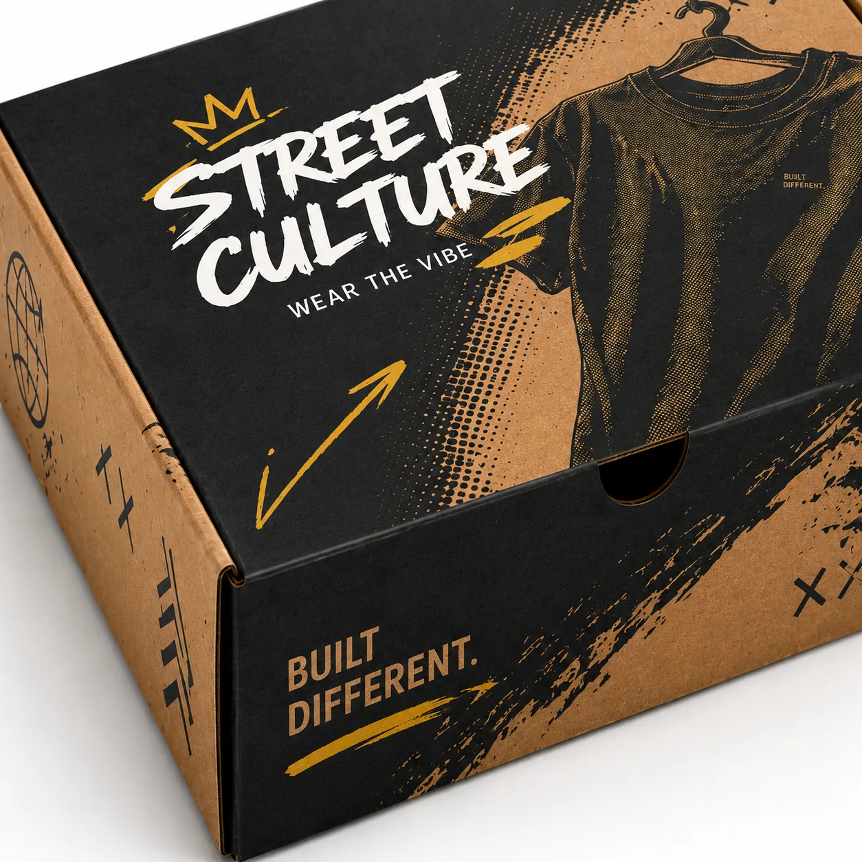 T-Shirt & Streetwear Shipping Box packed application view with custom multicolour brand printing