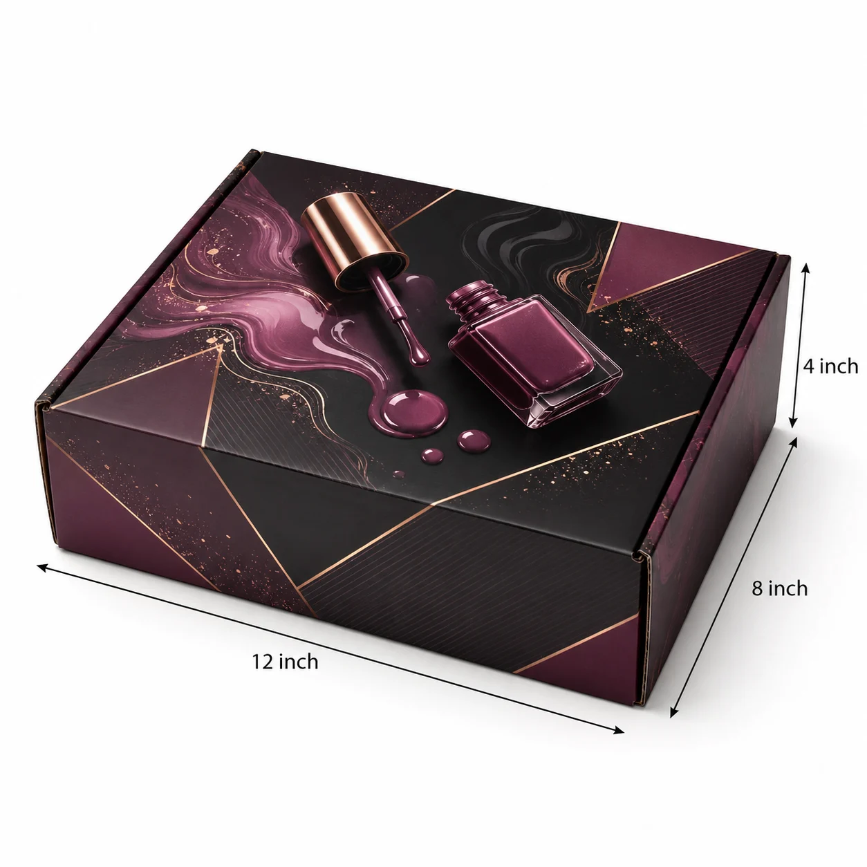 6-Bottle Nail Polish Box hero view with custom multicolour brand printing