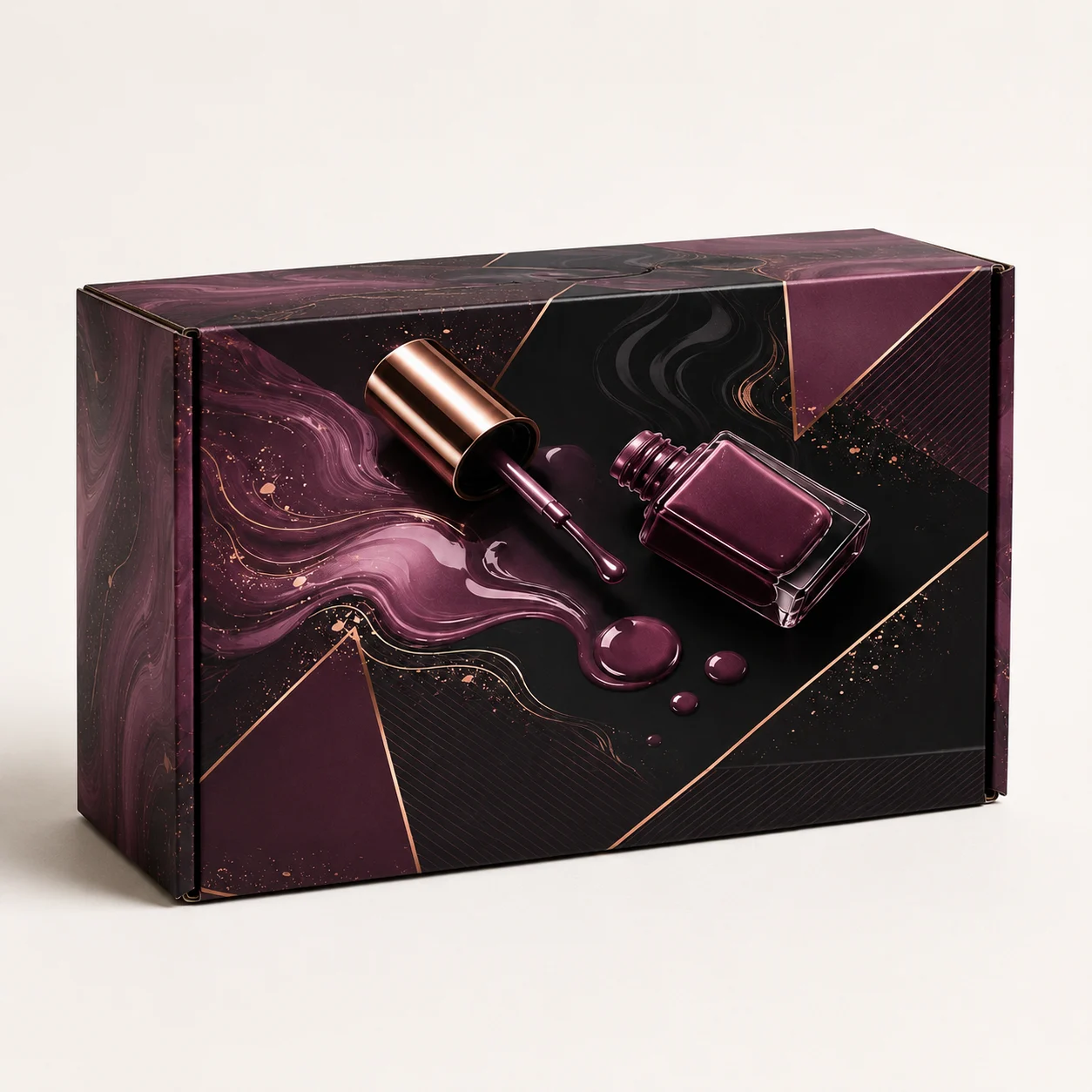 6-Bottle Nail Polish Box front three-quarter view with custom multicolour brand printing