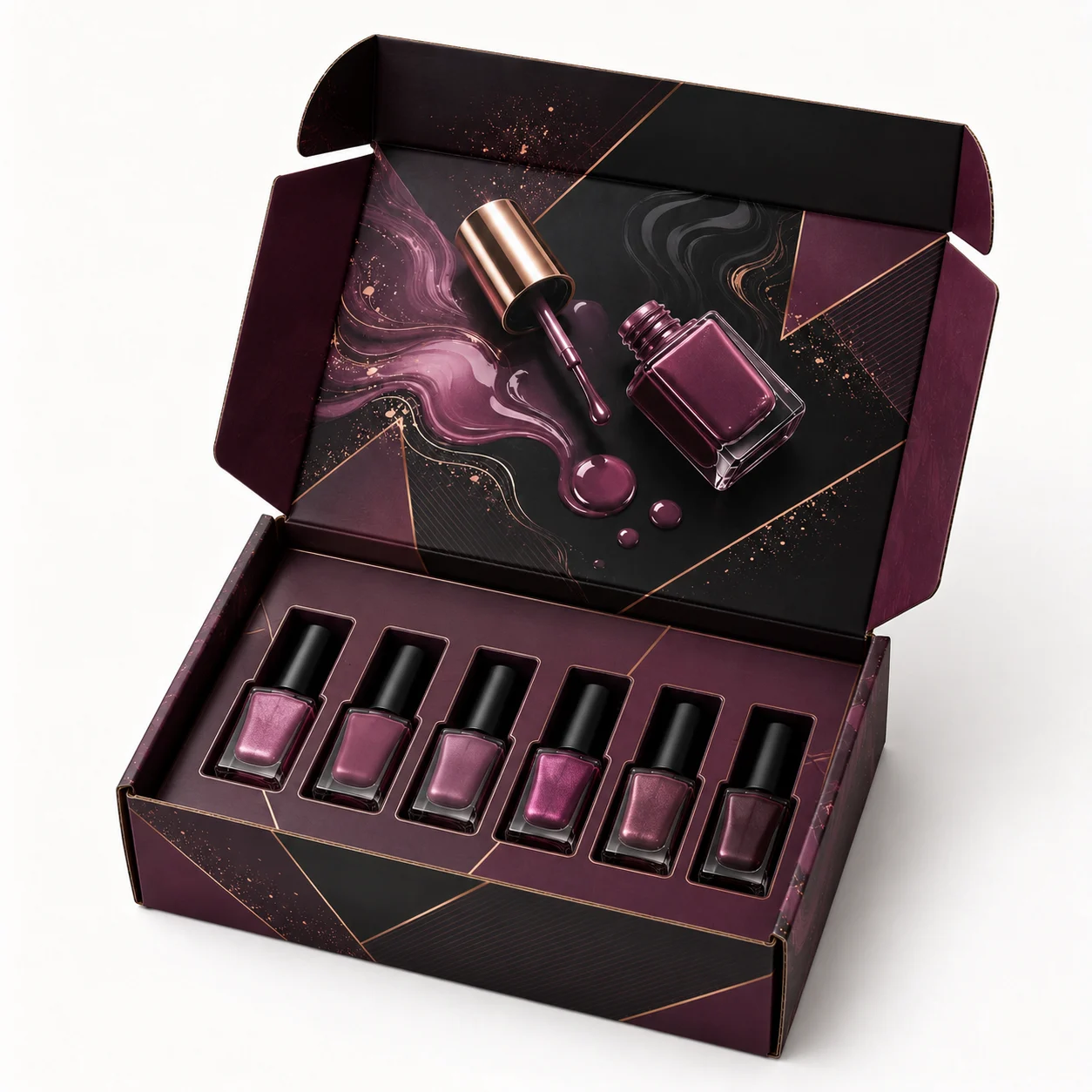 6-Bottle Nail Polish Box open box interior view with custom multicolour brand printing