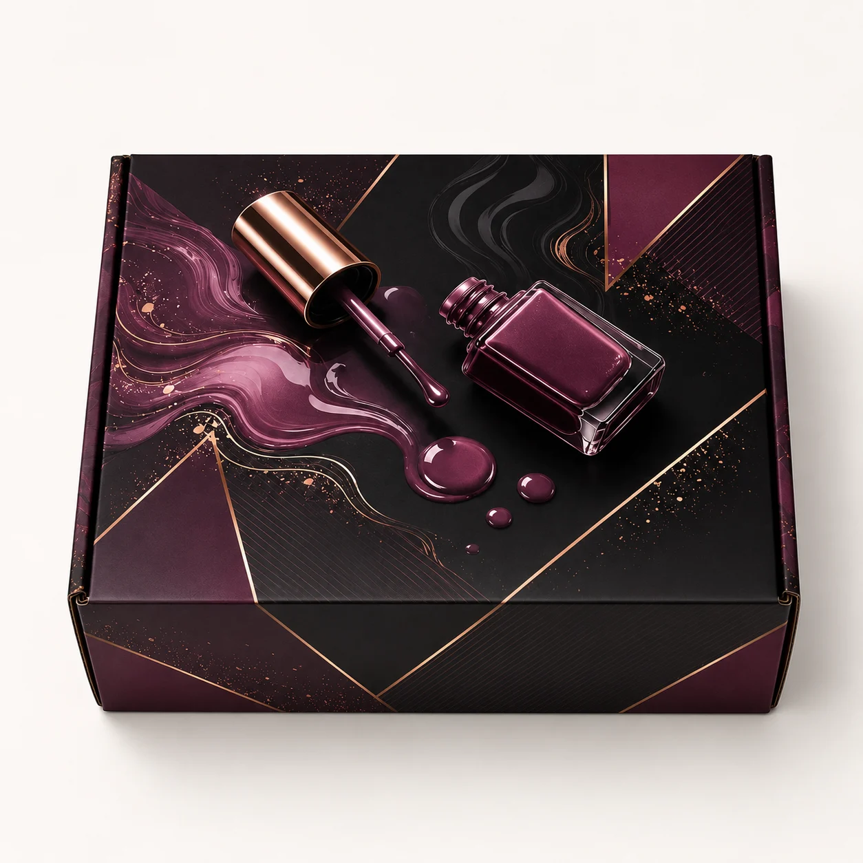 6-Bottle Nail Polish Box side panel print view with custom multicolour brand printing