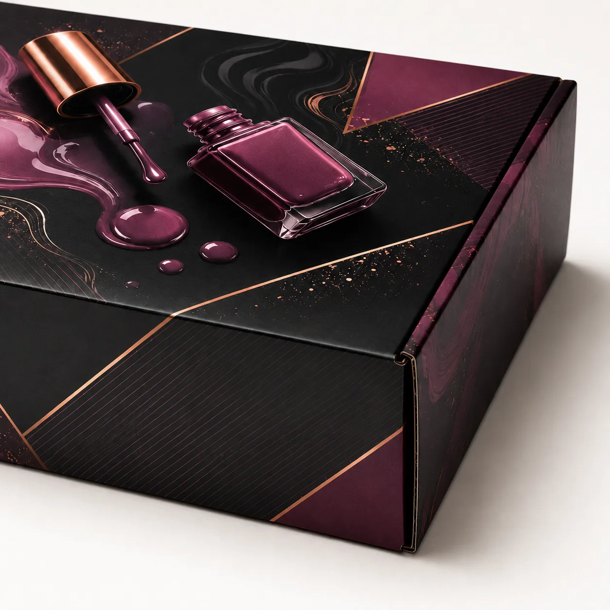 6-Bottle Nail Polish Box packed application view with custom multicolour brand printing