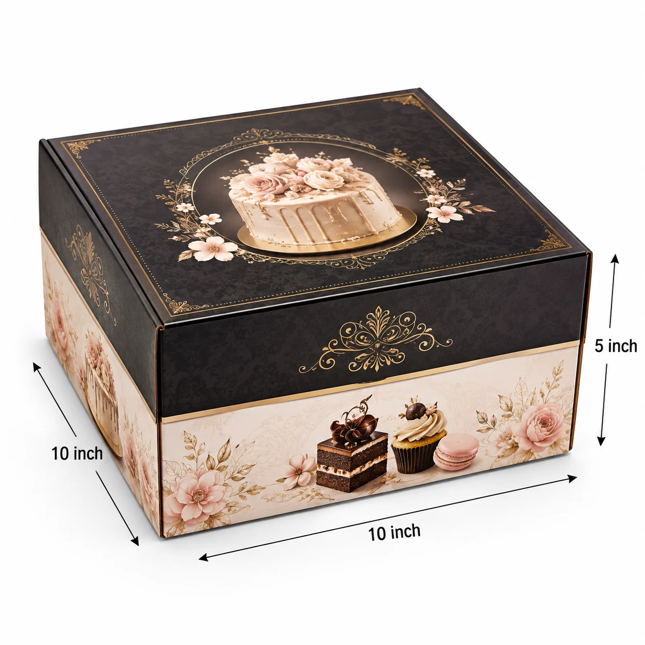 Luxury Cake & Dessert Box hero view with custom multicolour brand printing