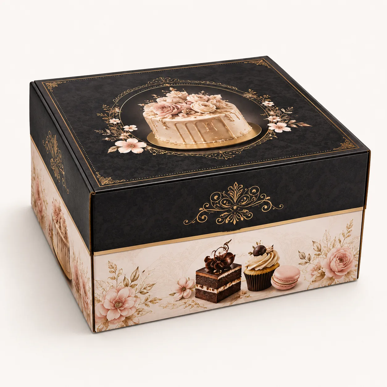 Luxury Cake & Dessert Box front three-quarter view with custom multicolour brand printing