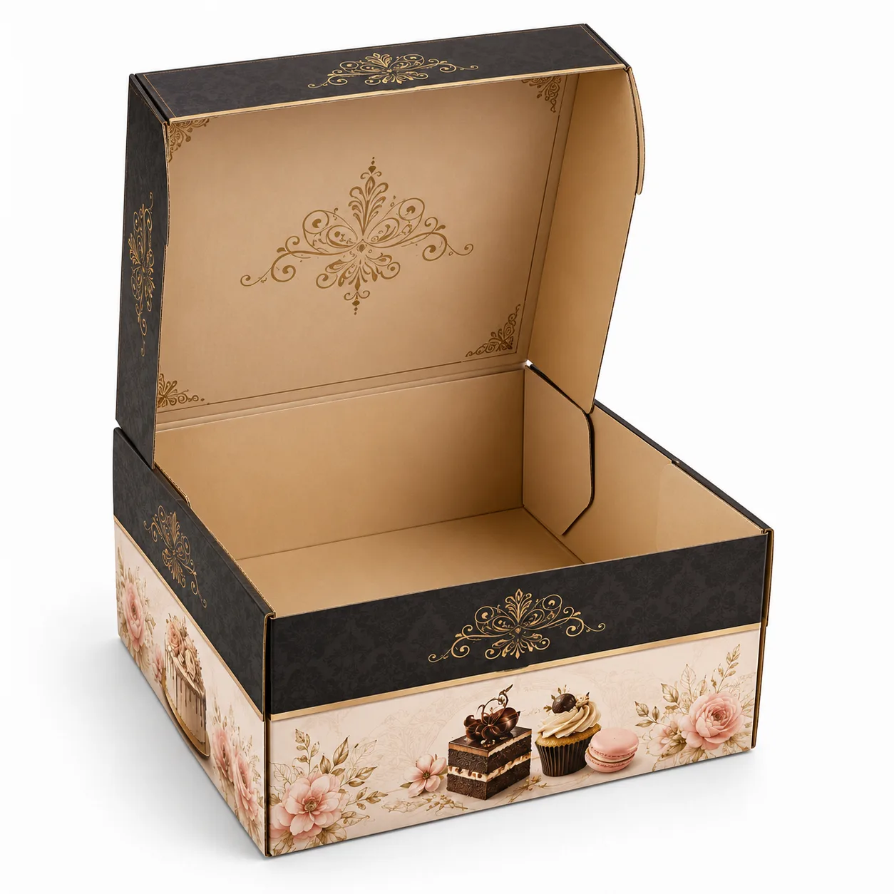 Luxury Cake & Dessert Box open box interior view with custom multicolour brand printing