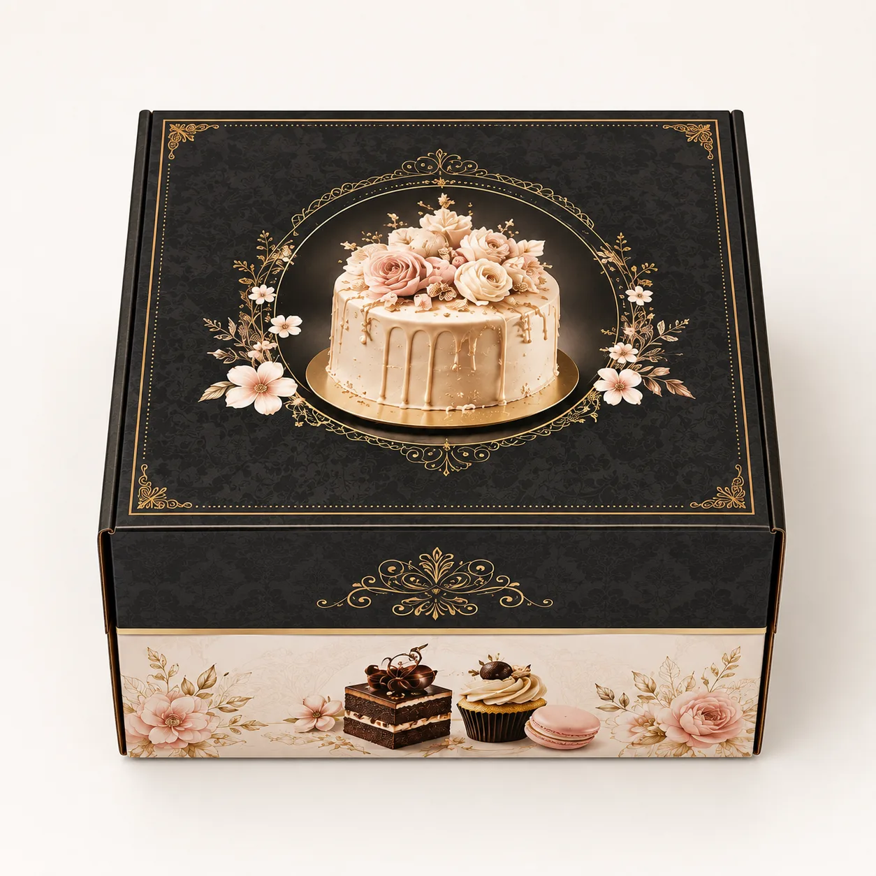 Luxury Cake & Dessert Box side panel print view with custom multicolour brand printing