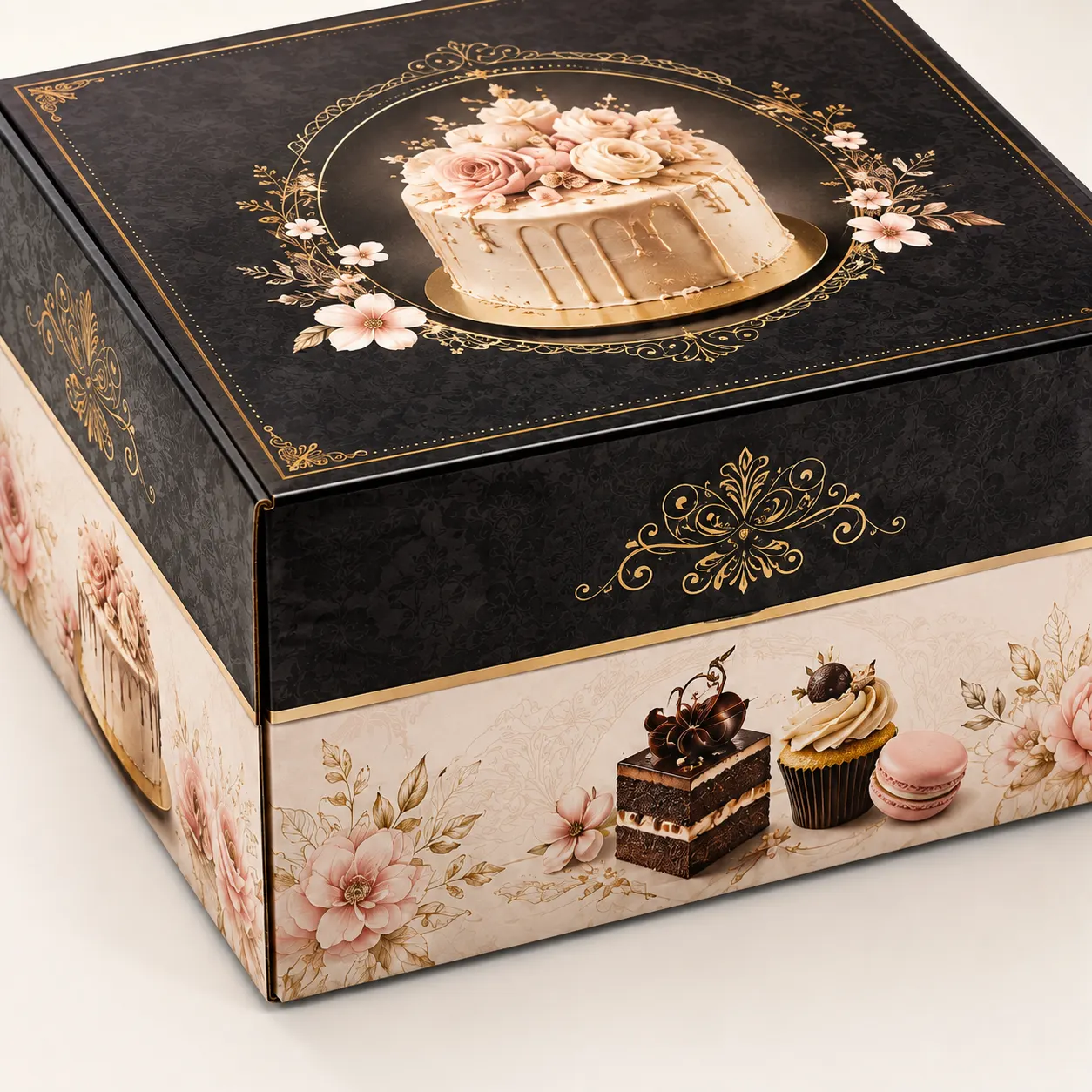 Luxury Cake & Dessert Box packed application view with custom multicolour brand printing