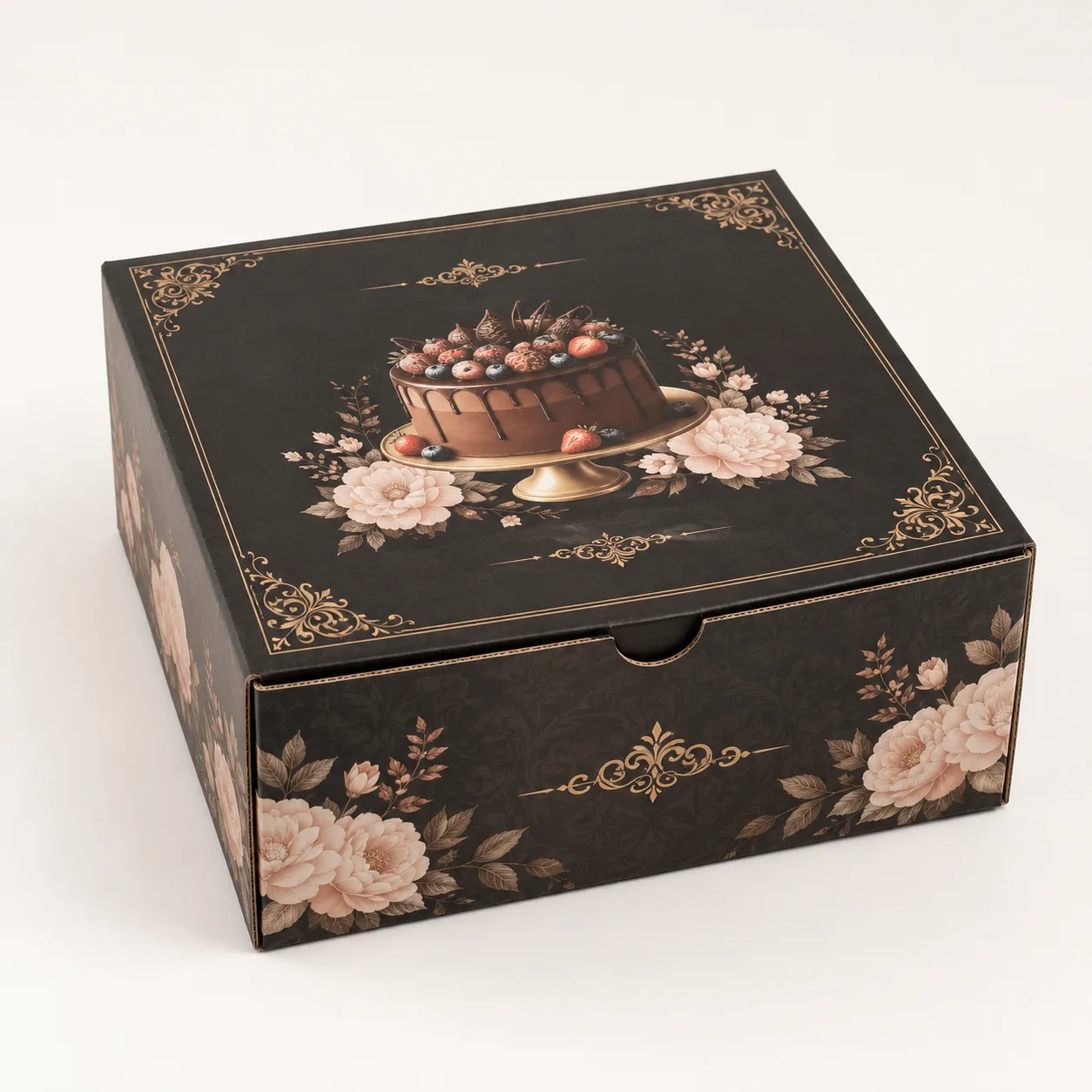 1 KG Cake Box front three-quarter view with custom multicolour brand printing