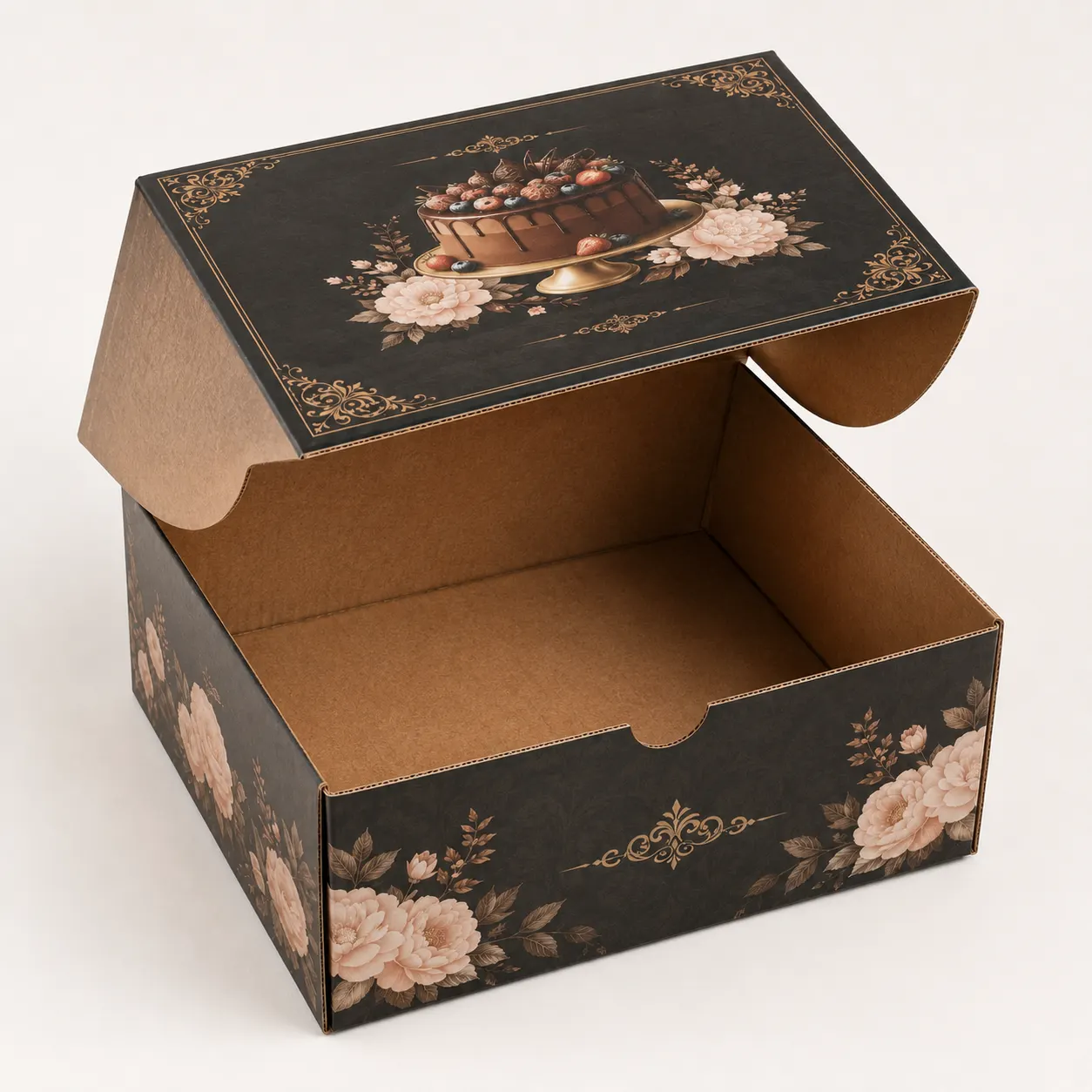 1 KG Cake Box open box interior view with custom multicolour brand printing