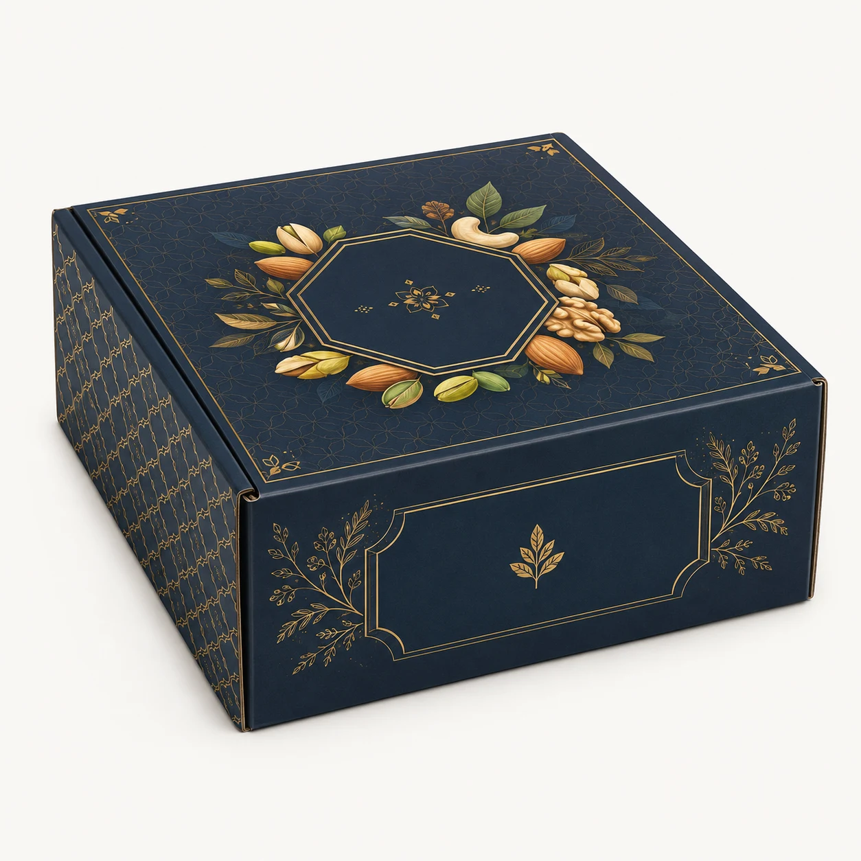 Corporate Dry Fruit Hamper Box front three-quarter view with custom multicolour brand printing