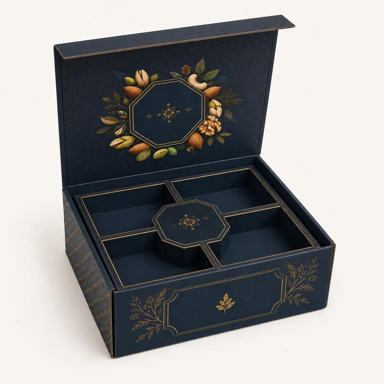 Corporate Dry Fruit Hamper Box open box interior view with custom multicolour brand printing