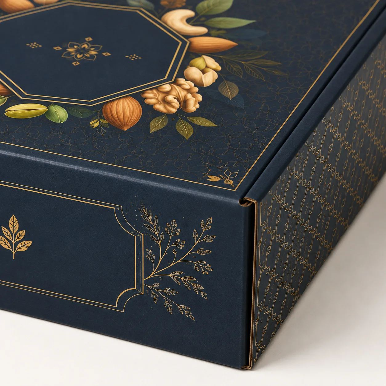 Corporate Dry Fruit Hamper Box packed application view with custom multicolour brand printing