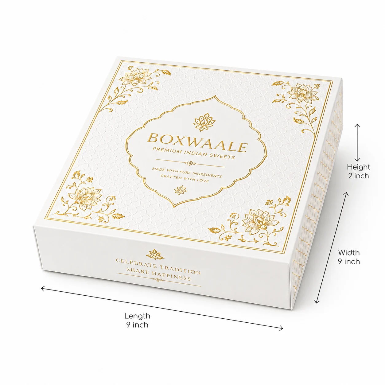 9x9x2 inch white mithai box with 9x9x2 inch dimensions by Boxwaale