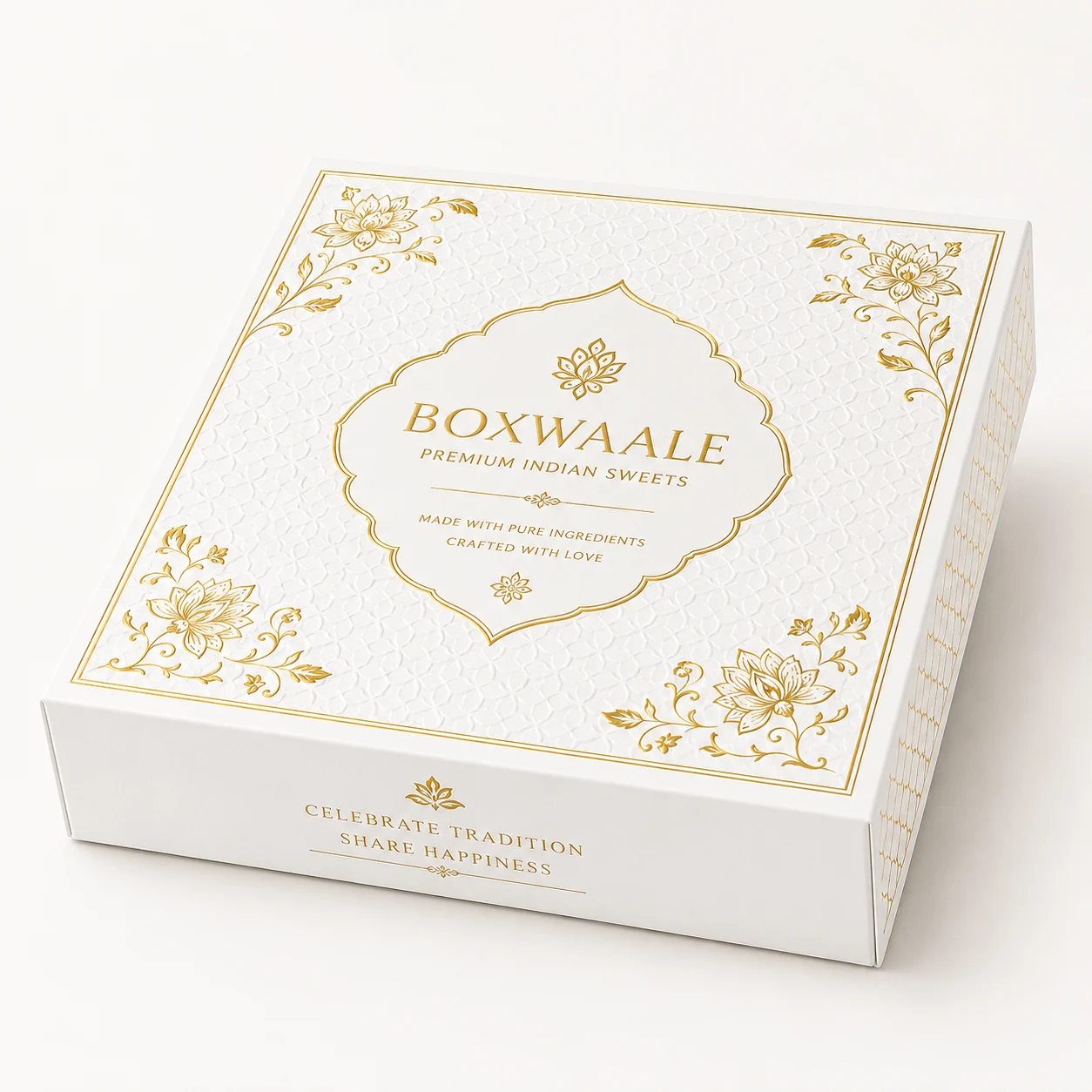 Front Angle of 9x9x2 inch white mithai box by Boxwaale