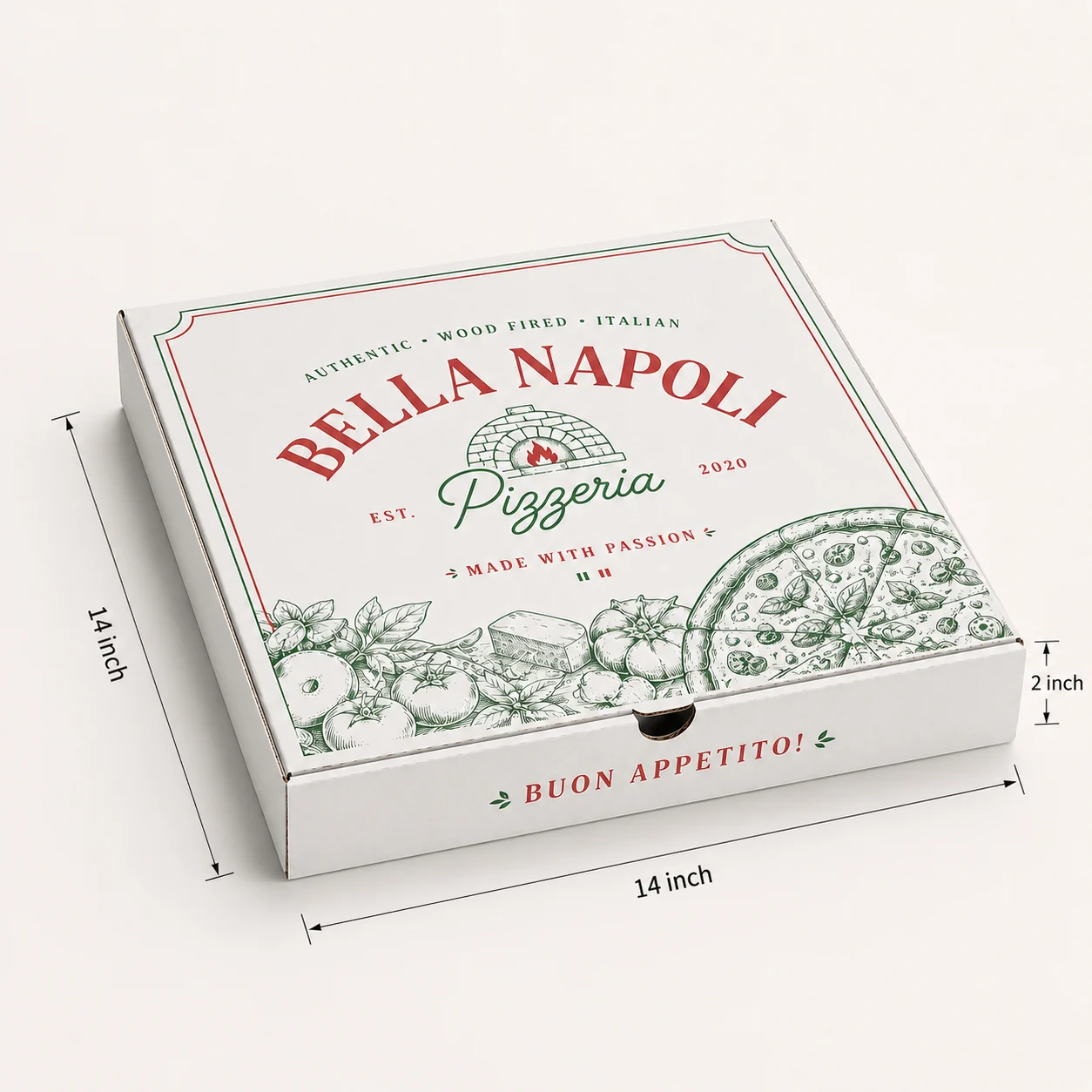 14 inch white pizza box with 14x14x2 inch dimensions by Boxwaale